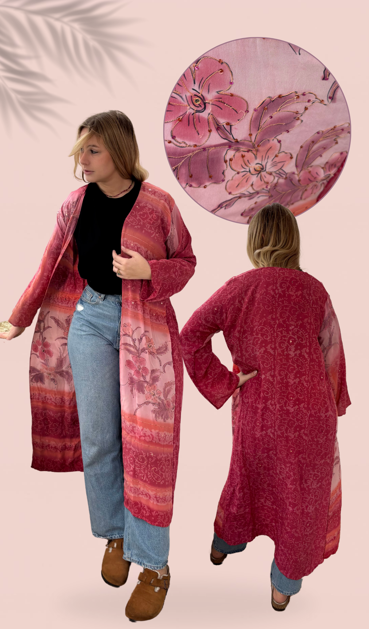 Kimono 100% crêpe de soie brodé à la main Taille Unique
