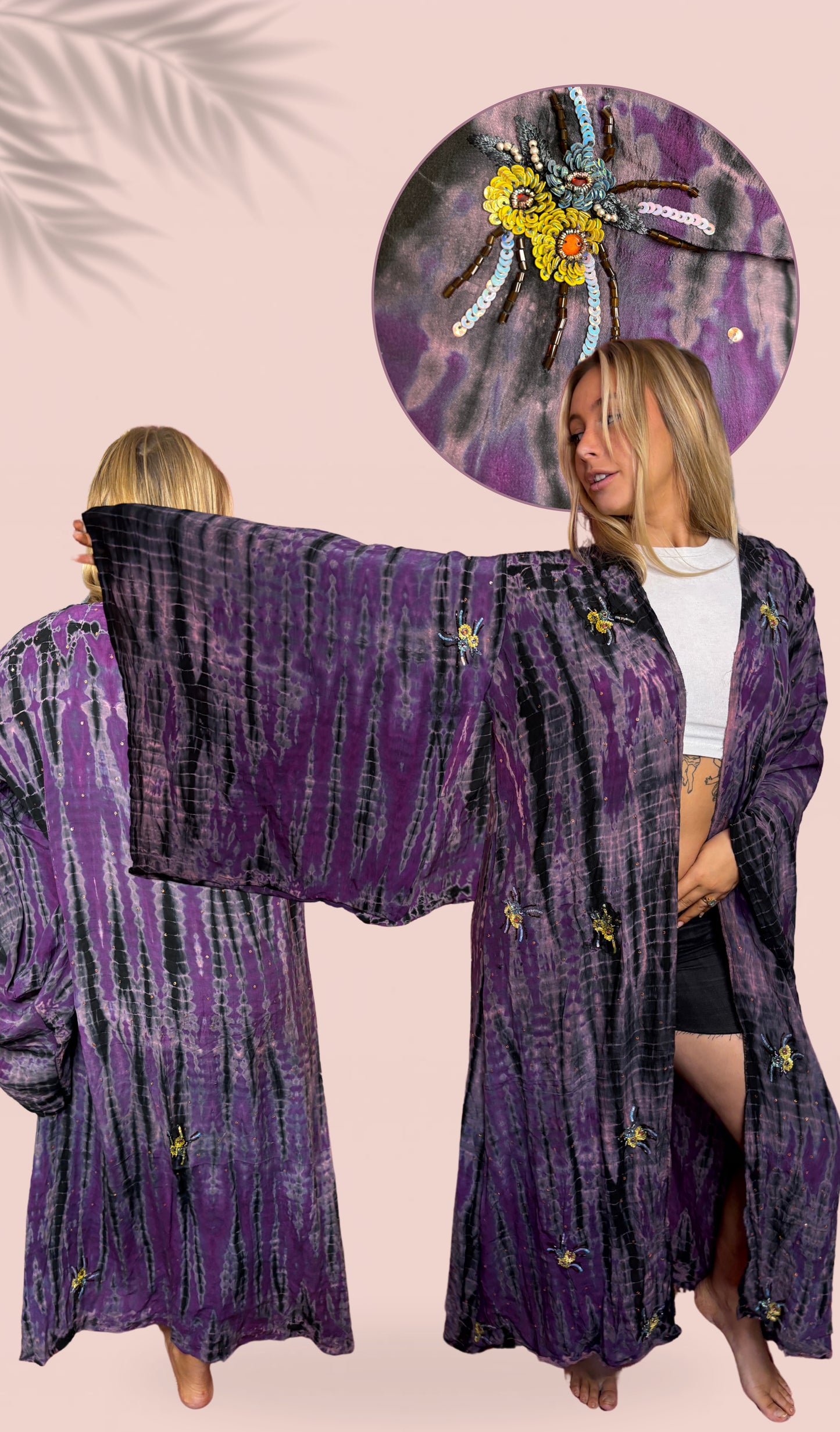 Kimono 100% crêpe de soie brodé à la main Taille Unique