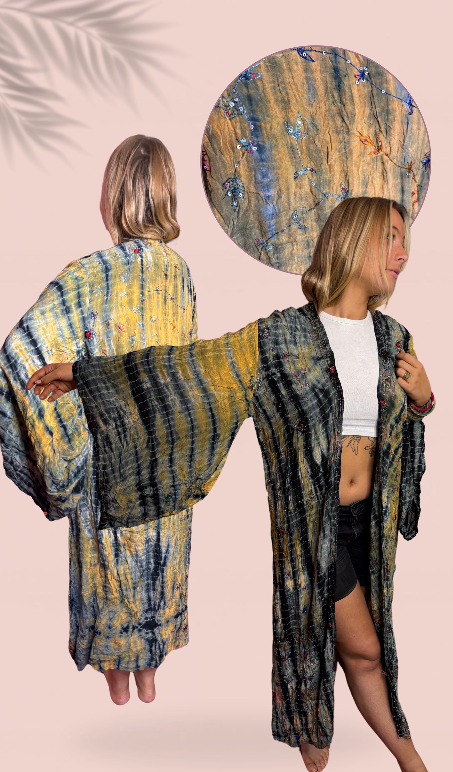 Kimono 100% crêpe de soie brodé à la main Taille Unique