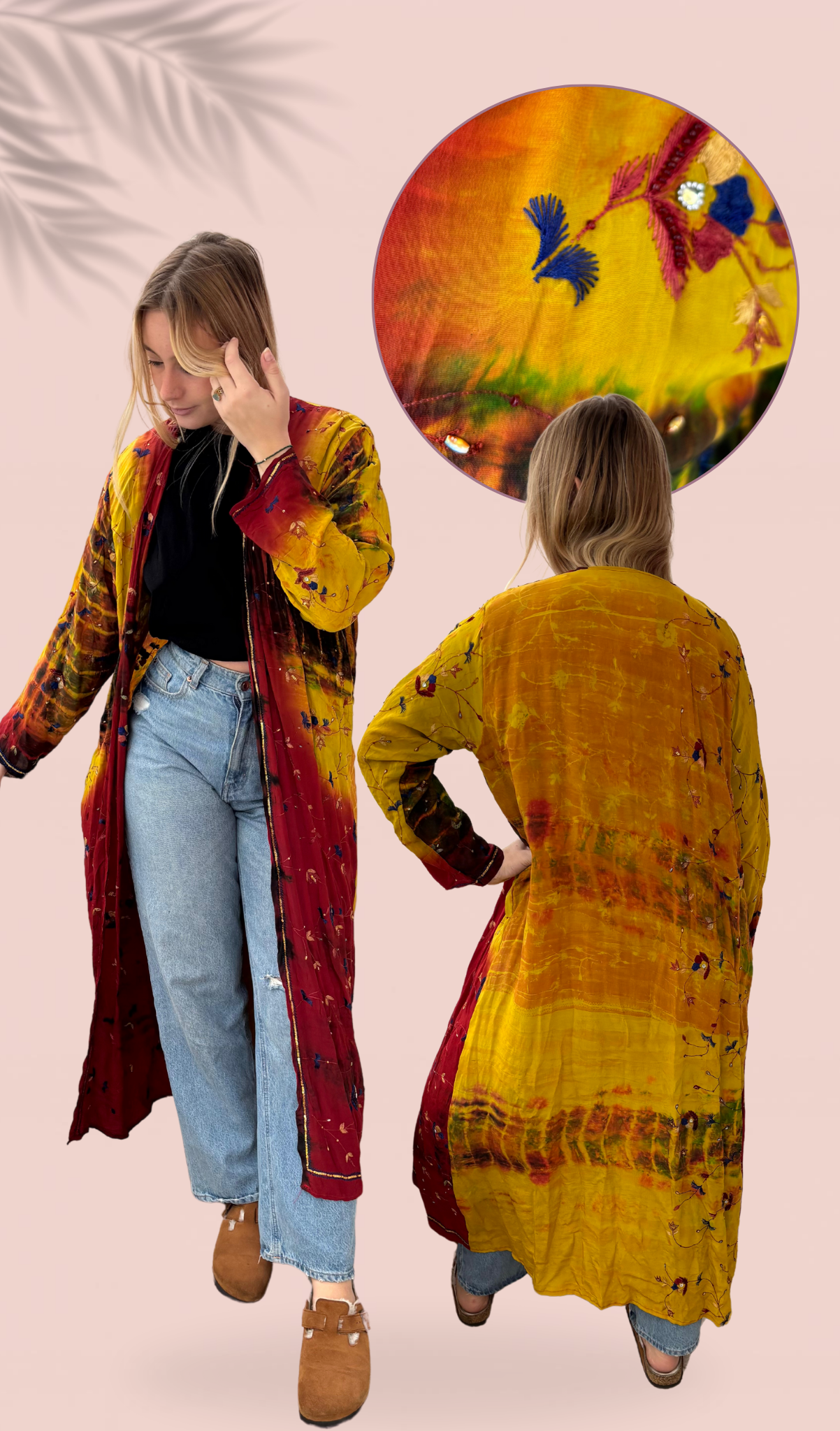 Kimono 100% crêpe de soie brodé à la main Taille Unique