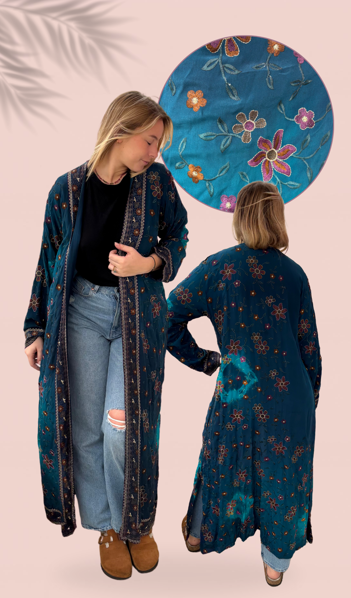 Kimono 100% crêpe de soie brodé à la main Taille Unique